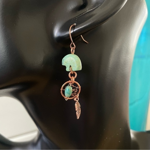 2/$29 Handmade Carved Turquoise Bear Dreamcatcher Earrings Dangle Feather Copper - Picture 4 of 4